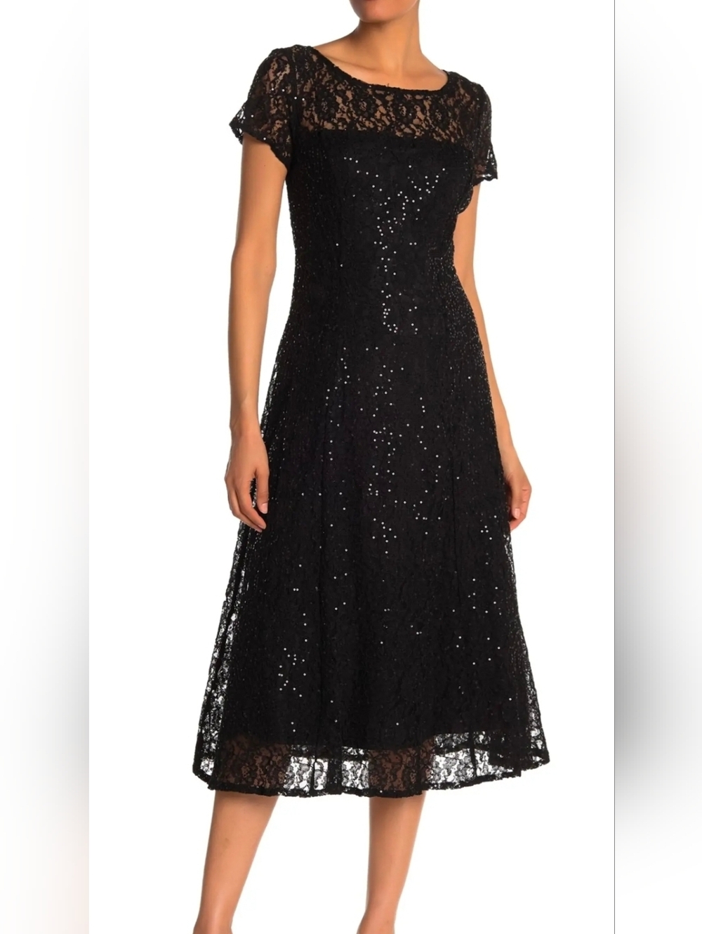Black Sequin Lace Midi Dress